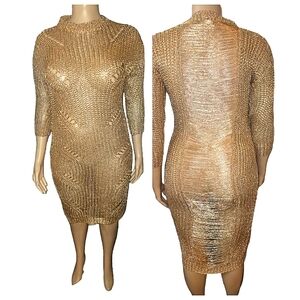 Thirty 6 Point 5, Gold, Metallic Crochet Ladder-Cutout  Sweater Dress size M/L